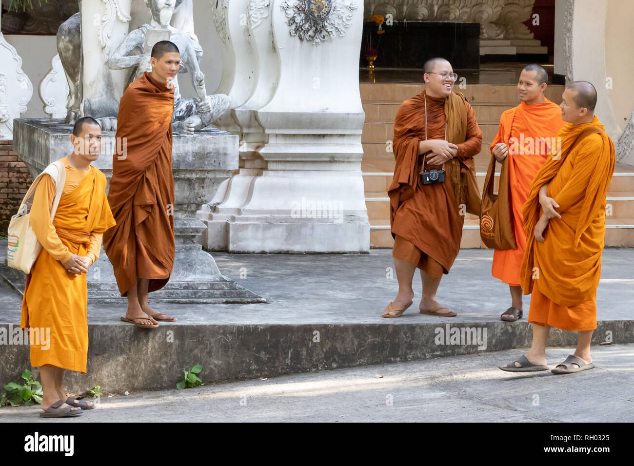 Thai monks enjoying a friendly conversation in late afternoon. Stock Photo