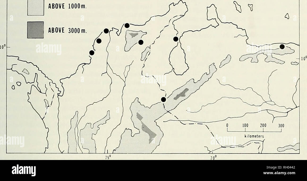 . Bulletin. Science; Natural history; Natural history. 7975 VARIATION IN THE SNAKE TANTILLA SEMICINCTA 45 ABOVE lOOOm. Figure 4. Distribution of Tanlilla seniicincla. is pale in color and there is a pale postorbital spot. The darlc head cap is followed by a pale nuchal band, which may be divided or not, but is always in broad lateral contact with the pale ventral coloration of the chin. Variation in scutellation may be summarized as follows: supralabials 7-7, with 3rd and 4th entering orbit (one specimen has the fifth supralabial fused to the anterior temporal on both sides): infralabials 5 to Stock Photo