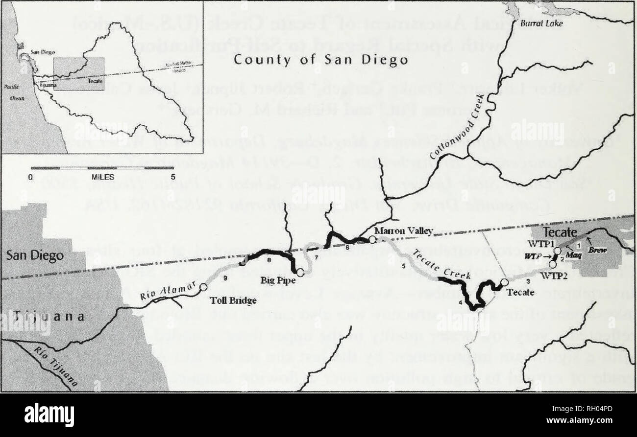 . Bulletin. Science. SOUTHERN CALIFORNIA ACADEMY OF SCIENCES. Fig. 1. Map of sampling sites (denoted by open circles) on Tecate Creek and the Alamar River. Shaded (both light and dark) sections of stream segments represent reaches where ecomorphological assessment was made. The location of the discharge from the Tecate Municipal Wastewater Treatment is denoted as &quot;WTP&quot;. The location of the discharge from the Tecate Beer Brewery and the Tecate maquiladora complex are denoted by &quot;Brew&quot; and &quot;Maq&quot; respectively. Map adapted from the Tijuana River Watershed GIS database Stock Photo