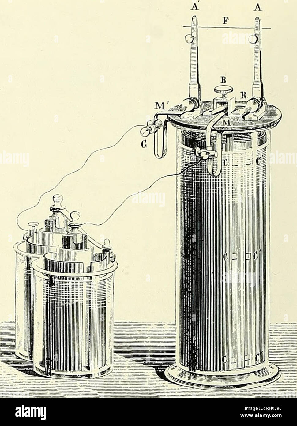 Bulletin. Science. Figure 29.—Charging a Plante cell with a Bunsen battery.  From Gaston Plante, Recherches sur I'electricite, Paris, 1883, p. 43.  Ritter, using the galvanic current, electrolyzed water and precipitated  metals