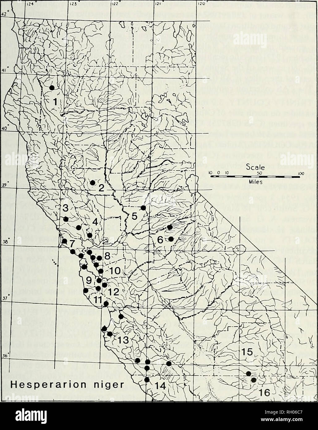 . Bulletin. Science; Natural history; Natural history. RANGE OF TWO WEST AMERICAN SLUGS 75. Hesperarion niger i'^'^mn Fig. 2. Map ol t'alilornia showing distribution of llcspcrarioii iiii;cr, cmIumvc oI iiniocali/i-d records. Data from Cooper (1871.1872. 1876), Binney (1878). Pilsbn.' &amp; Vanalla (1848). Gregg (1945, 1961), Ingram and Lotz (1950). and CAS collection localities described in text. Numbers designate counties: 1, Trinity; 2. Colusa: 3. Sonoma; 4, Napa; 5. Sacramento; 6, Calaveras; 7, Marin: 8, Contra Costa; 9, San Mateo; 10. Alameda; 1 1, Santa Cru/; 1 2. Santa Clara; 1.''. Mont Stock Photo