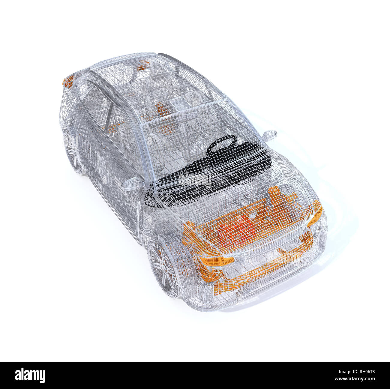 Silver and yellow wire frame of electric SUV on white background. 3D rendering image Stock Photo