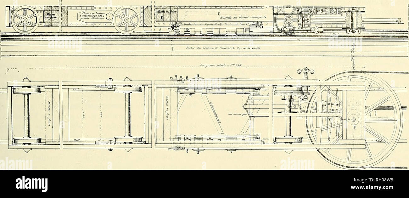 . Bulletin. Science. Figure 27.—Details of the counterweight carriage in the Otis system. (From Gustave Eiffel, La Tour de Trois Cents Metres, Paris, igoo, pi. 22''.) a device that permitted the car to be lowered by hand, even after failure of all the hoisting cables. The serious shortcomings of the rack and pinion were its great noisiness and the limitation it imposed on hoisting speed. Both disadvantages were due to the constant engagement of a pinion on the car with a continuous rack set between the rails. The meeting ended in an impasse, with Brown unwilling to approve the objectionable ap Stock Photo
