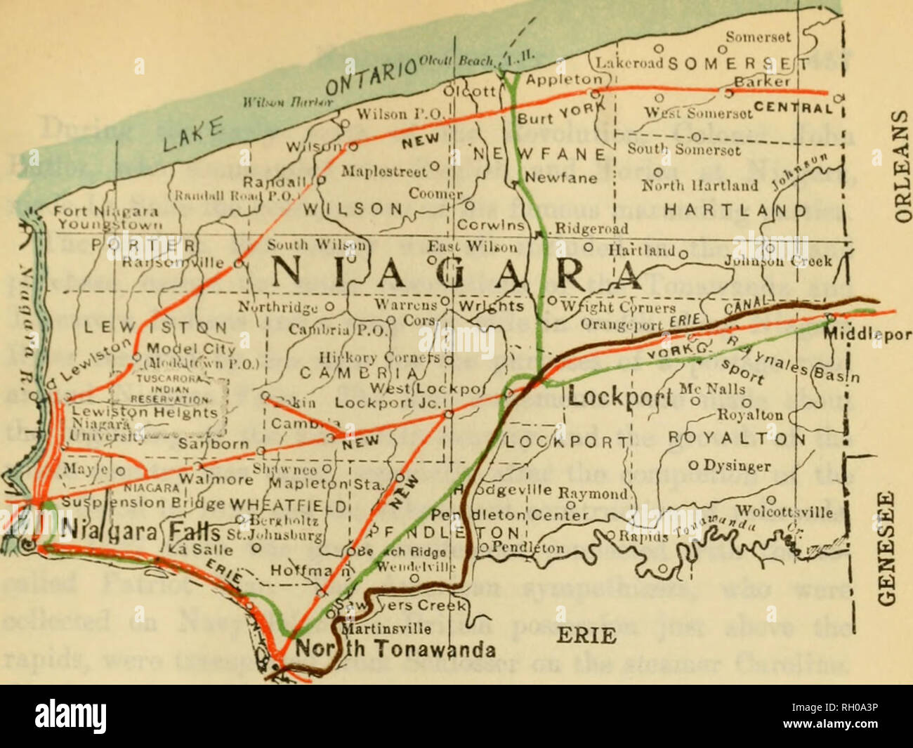 Bulletin. Agriculture. port Map of Niagara County. Showing Townships Red,  railroads: gfreen, electric roads: brown, canal.-. Please note that these  images are extracted from scanned page images that may have been
