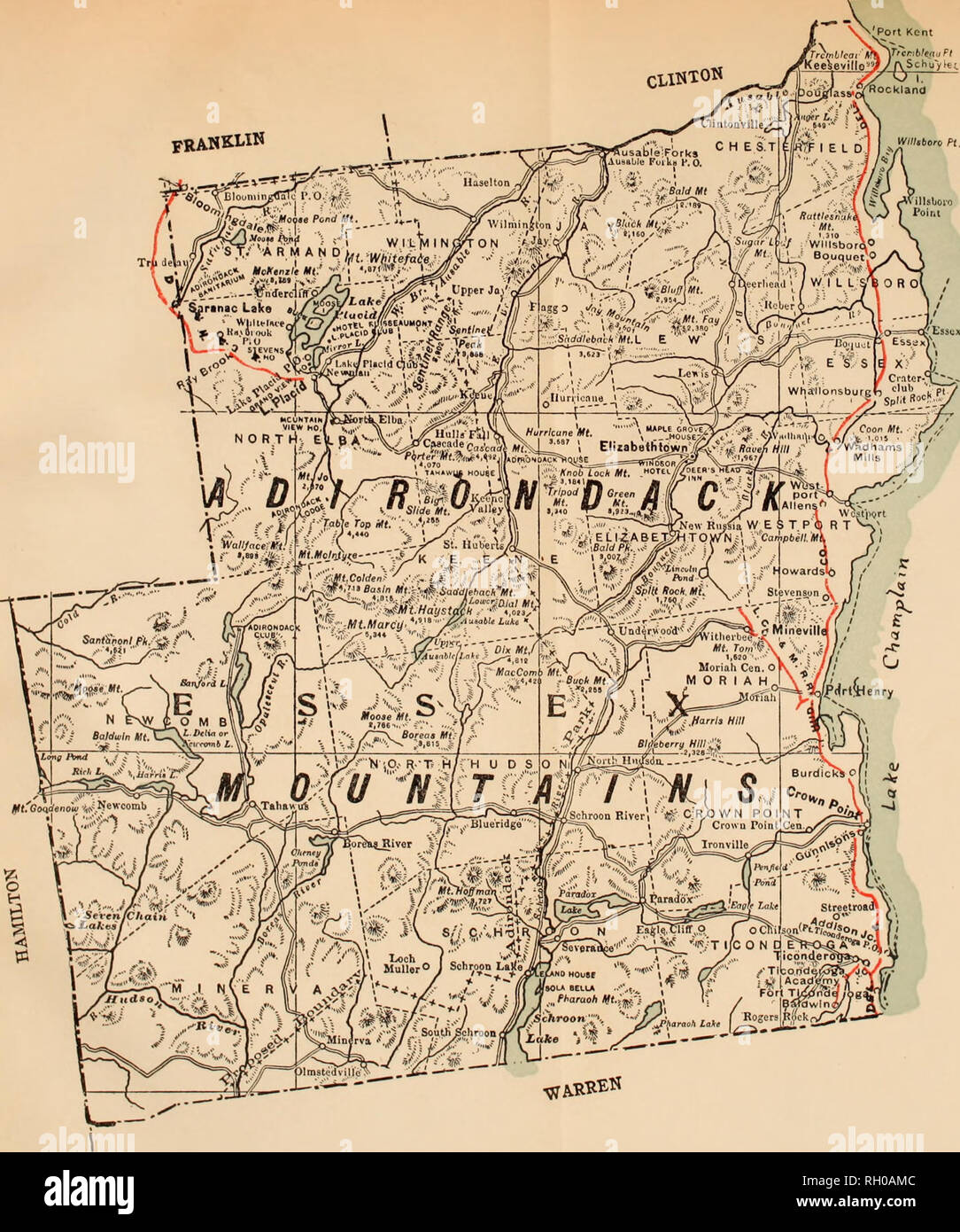 . Bulletin. Agriculture. FRANKM*5. MASSES Map of Essex County, Showing Townships Red line9 indicate railroad3. Please note that these images are extracted from scanned page images that may have been digitally enhanced for readability - coloration and appearance of these illustrations may not perfectly resemble the original work.. New York (State). Dept. of Farms and Markets; New York (State). Dept. of Farms and Markets. Division of Agriculture. Albany, N. Y. : The Dept. Stock Photo