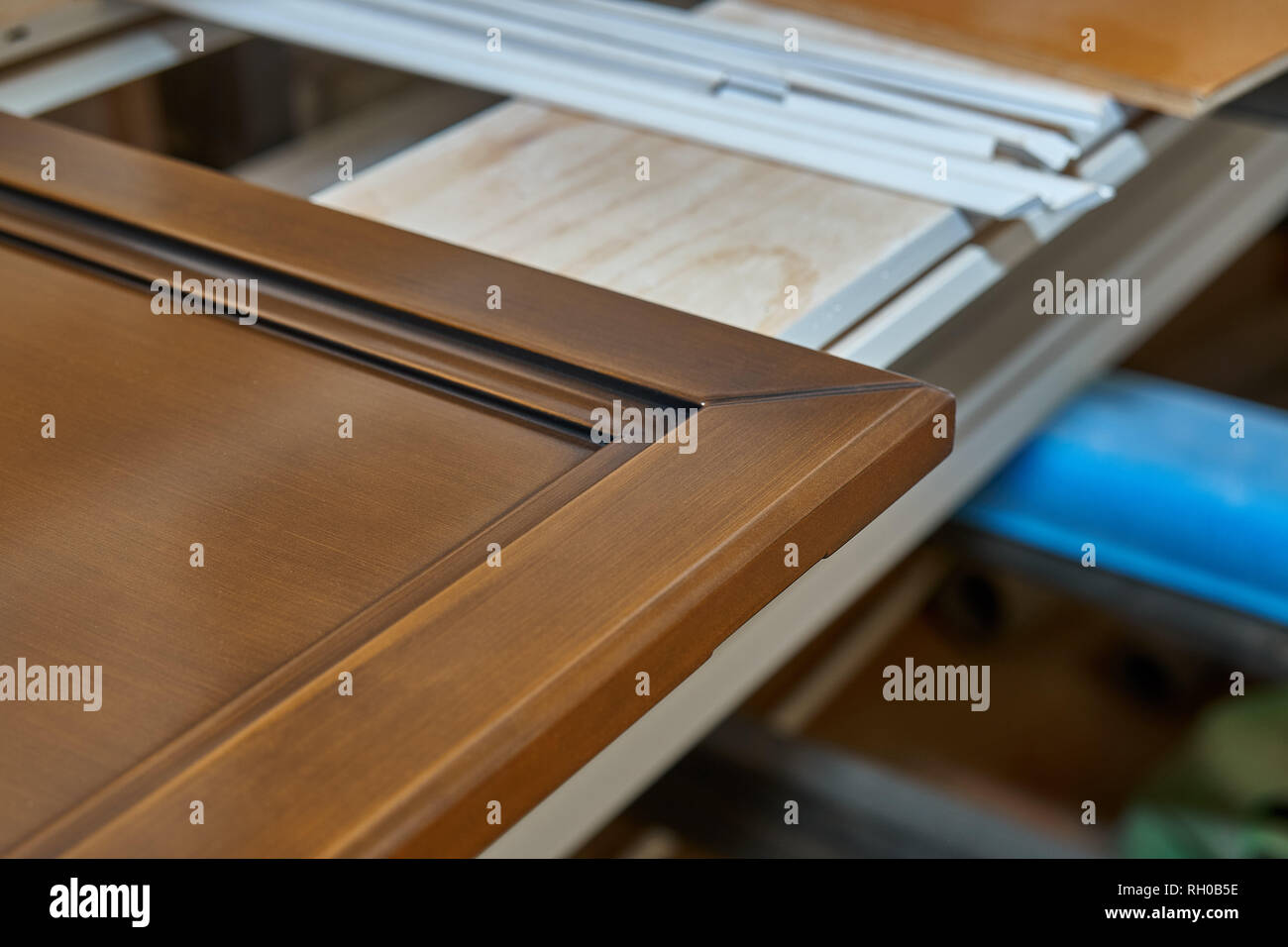 Wood processing. Joinery work. Wooden furniture. Frame facade mdf