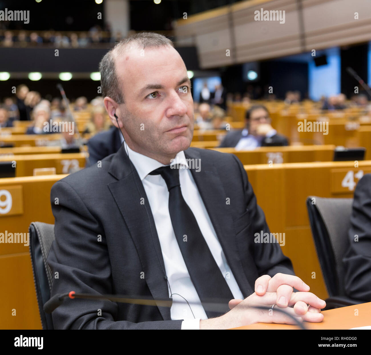 30 January 2019, Belgium, Brüssel: 30.01.2019, Belgium, Brussels: German Member of the European Parliament, Leader of the European People's Party Manfred Weber attends a session of the European Parliament on the Holocaust Remember Day on January 30, 2019 in Brussels, Belgium. On the September 5th, 2018, Weber declared his intention to run for the position of President of the European Commission and was elected as the candidate of the EPP on November 8th. - NO WIRE SERVICE Photo: Thierry Monasse/dpa Stock Photo