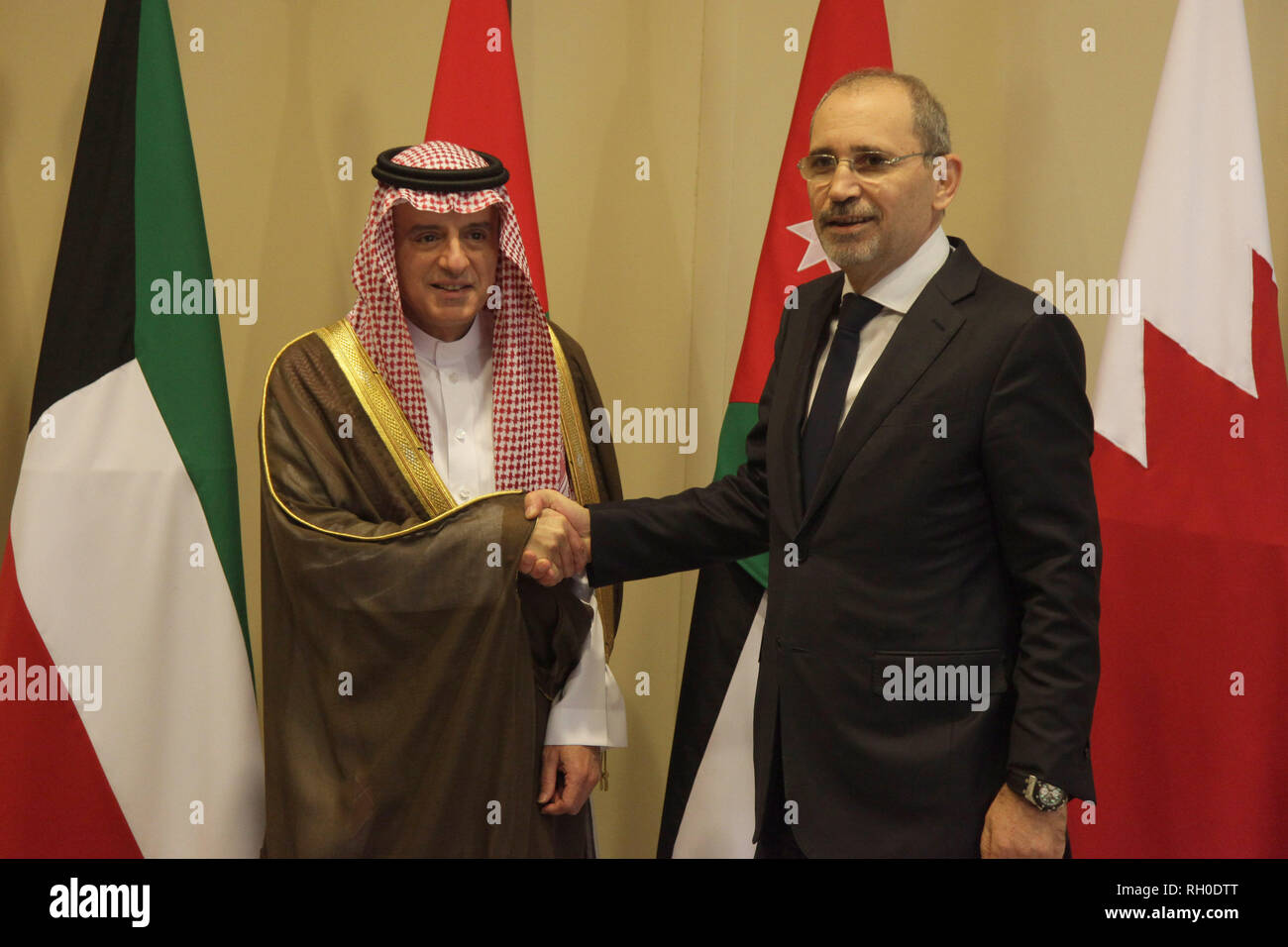 Dead Sea, Jordan. 31st Jan, 2019. Jordanian Foreign Minister Ayman Safadi  (R) shakes hands with Saudi Minister of State for Foreign Affairs Adel  al-Jubeir pirior to Foreign Ministerial Consultative Meeting at the