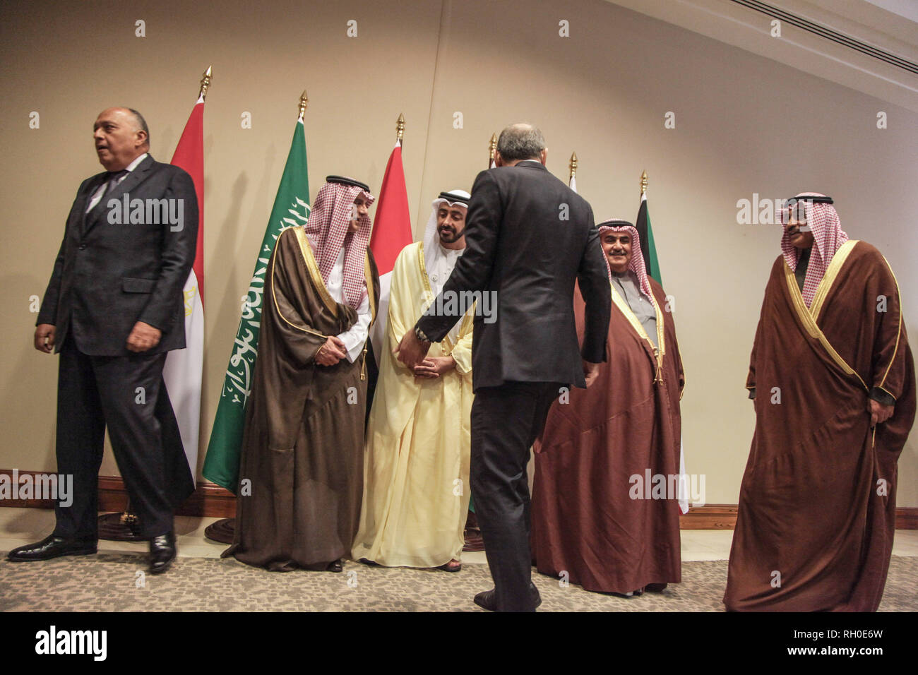 Dead Sea, Jordan. 31st Jan, 2019. Egyptian Foreign Minister Sameh Shoukry (L-R), Saudi Minister of State for Foreign Affairs Adel al-Jubeir, Emirati Foreign Minister Abdullah bin Zayed Al Nahyan, Jordanian Foreign Minister Ayman Safadi, Bahraini Foreign Minister Khalid bin Ahmed al-Khalifa and Kuwaiti foreign minister Sheikh Sabah al-Khaled al-Sabah, leave after a group picture during the Arab's Foreign Ministerial Consultative Meeting at the King Hussein Convention Centre at the Dead Sea. Credit: Ahmad Abdo/dpa/Alamy Live News Stock Photo
