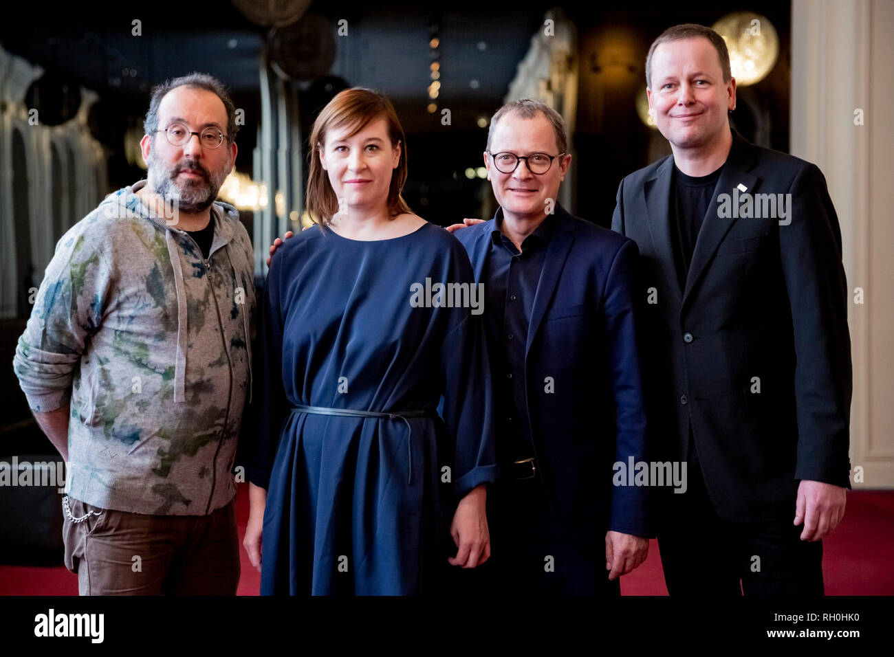 Berlin, Germany. 31st Jan, 2019. Barrie Kosky (l-r), current artistic director and designated in-house director of the Komische Oper Berlin, Susanne Moser, managing director and designated co-director of the Komische Oper Berlin, Philip Bröking, opera director and designated co-director of the Komische Oper Berlin, and Klaus Lederer (Die Linke), cultural senator of Berlin, will be together for a photo after a press conference on the future of the Komische Oper Berlin. Credit: Christoph Soeder/dpa/Alamy Live News Stock Photo