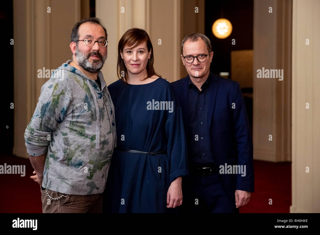 Berlin, Germany. 31st Jan, 2019. Barrie Kosky (l-r), current artistic director and designated in-house director of the Komische Oper Berlin, Susanne Moser, managing director and designated co-director of the Komische Oper Berlin, and Philip Bröking, opera director and designated co-director of the Komische Oper Berlin, will be together for a photo after a press conference on the future of the Komische Oper Berlin. Credit: Christoph Soeder/dpa/Alamy Live News Stock Photo