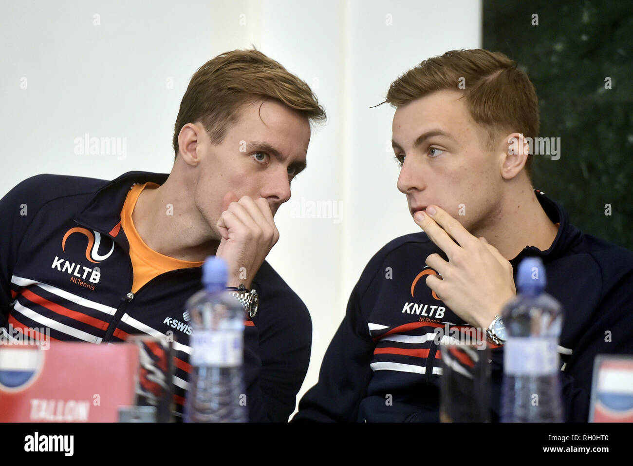 Ostrava, Czech Republic. 31st Jan, 2019. L-R Dutch tennis players Scott Griekspoor and Tallon Griekspoor attend drawing lots to decide on games of Davis Cup tennis tournament qualification between the Czech Republic and the Netherlands, on January 31, 2019, in Ostrava, Czech Republic. The qualification starts on February 1. Credit: Jaroslav Ozana/CTK Photo/Alamy Live News Stock Photo