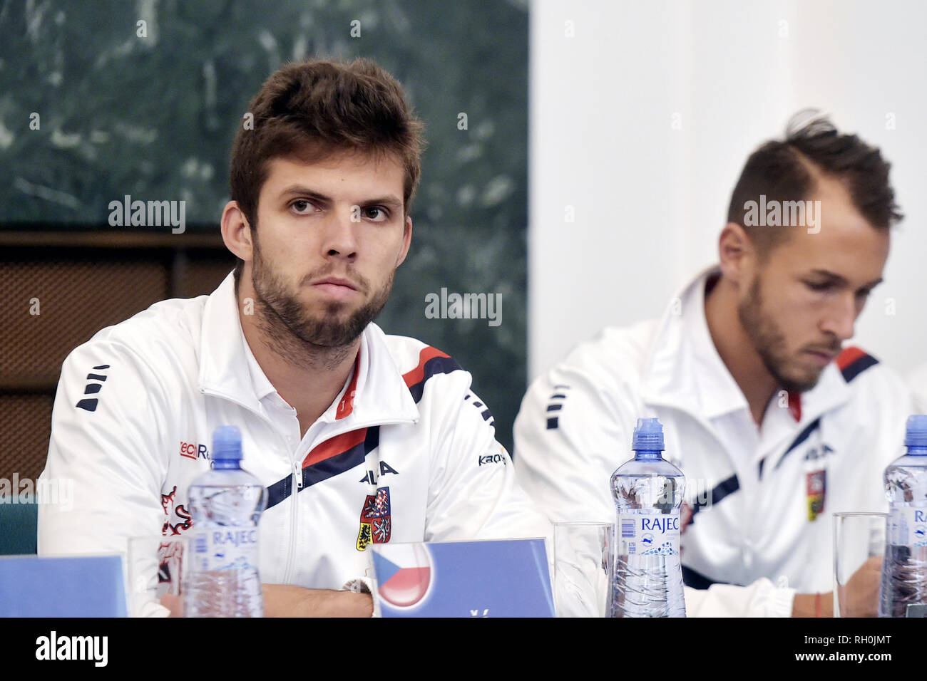 Ostrava, Czech Republic. 31st Jan, 2019. L-R Czech tennis players Jiri Vesely and Lukas Rosol attend drawing lots to decide on games of Davis Cup tennis tournament qualification between the Czech Republic and the Netherlands, on January 31, 2019, in Ostrava, Czech Republic. The qualification starts on February 1. Credit: Jaroslav Ozana/CTK Photo/Alamy Live News Stock Photo