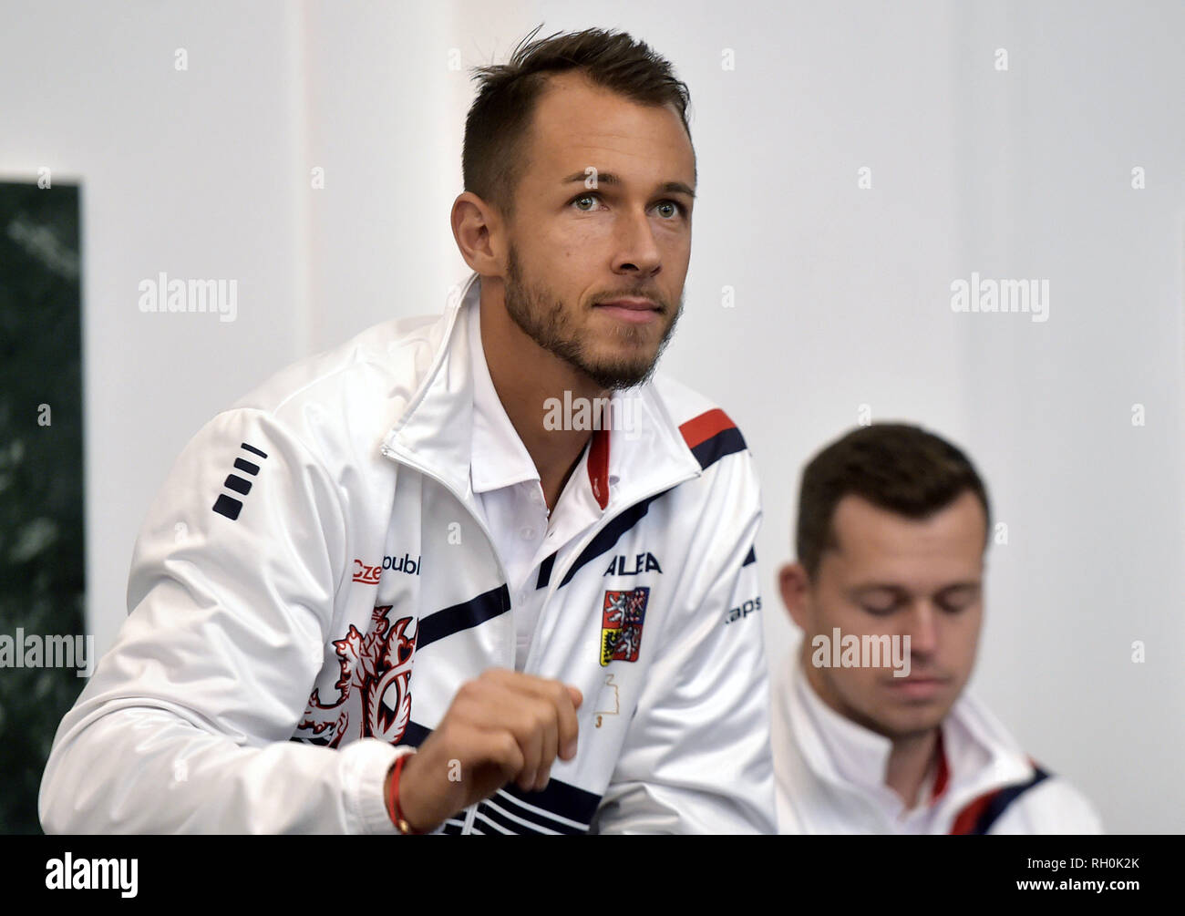 Ostrava, Czech Republic. 31st Jan, 2019. L-R Czech tennis players Lukas Rosol and Adam Pavlasek attend drawing lots to decide on games of Davis Cup tennis tournament qualification between the Czech Republic and the Netherlands, on January 31, 2019, in Ostrava, Czech Republic. The qualification starts on February 1. Credit: Jaroslav Ozana/CTK Photo/Alamy Live News Stock Photo