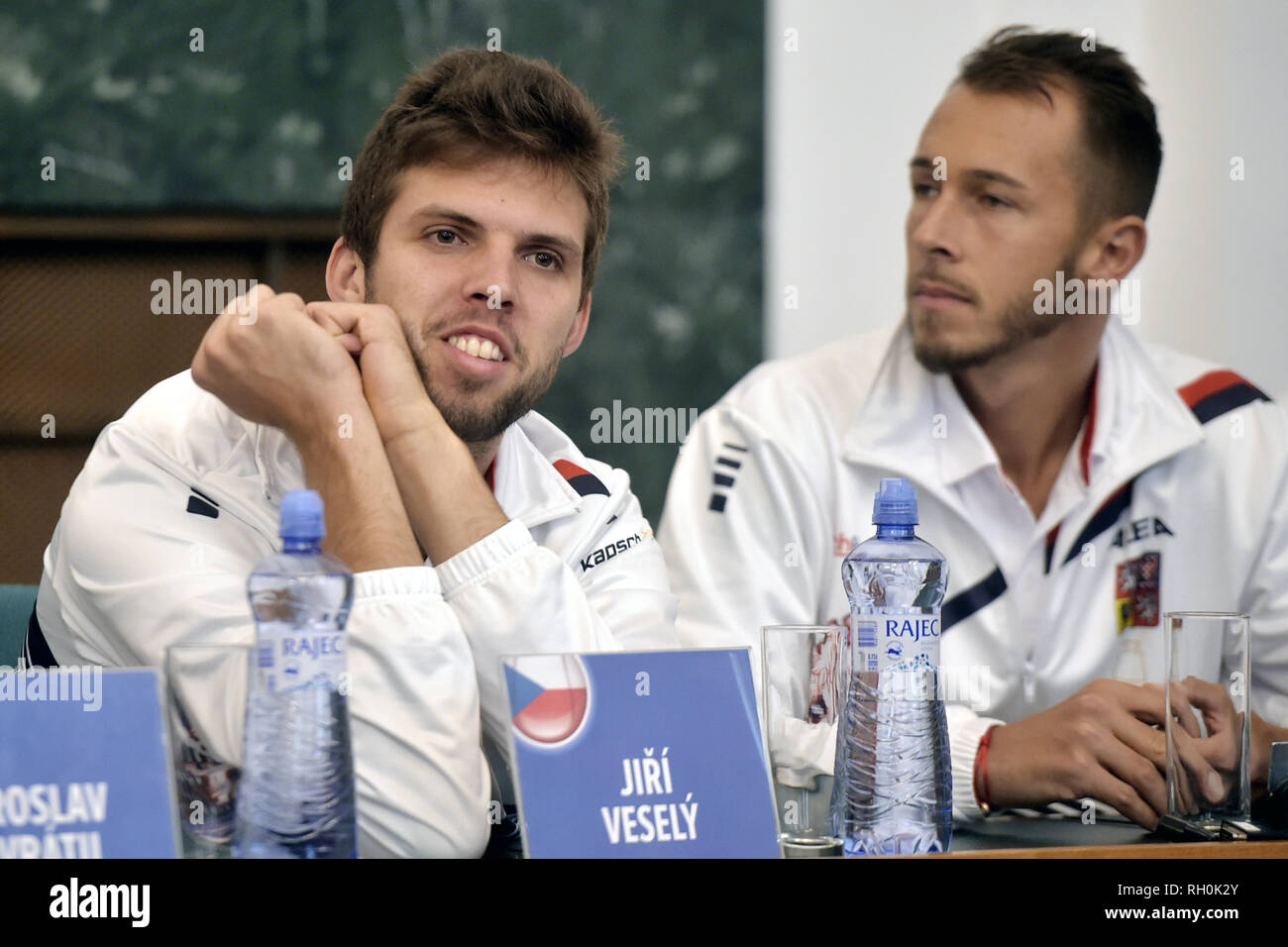 Ostrava, Czech Republic. 31st Jan, 2019. L-R Czech tennis players Jiri Vesely and Lukas Rosol attend drawing lots to decide on games of Davis Cup tennis tournament qualification between the Czech Republic and the Netherlands, on January 31, 2019, in Ostrava, Czech Republic. The qualification starts on February 1. Credit: Jaroslav Ozana/CTK Photo/Alamy Live News Stock Photo