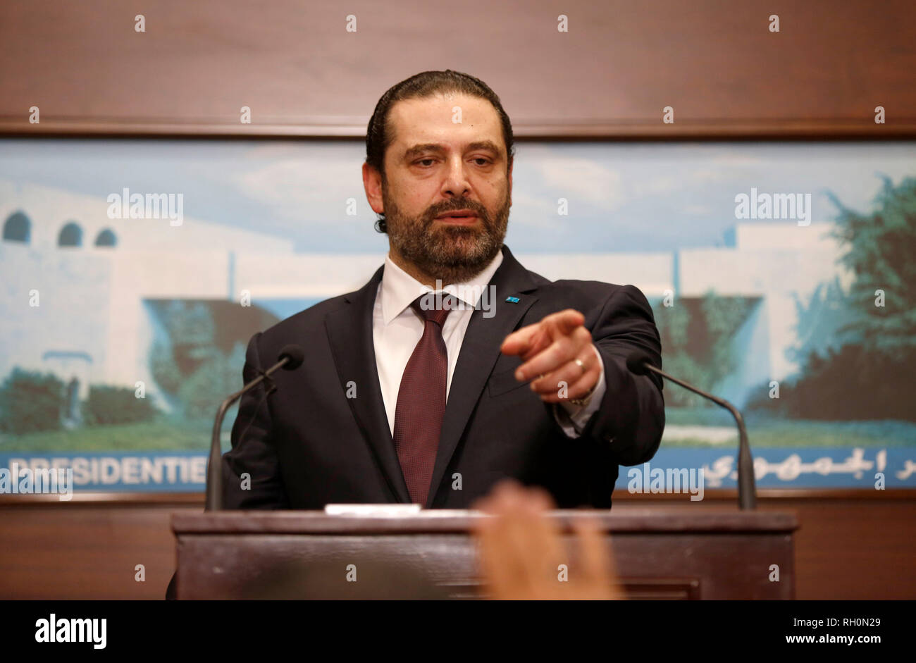 Beirut, Lebanon. 31st Jan, 2019. Lebanese Prime Minister Saad Hariri attends a press conference in Beirut, Lebanon, Jan. 31, 2019. Lebanon announced Thursday the formation of a new government, which is headed by Prime Minister Saad Hariri, breaking a nine-month political deadlock in the country, local TV Channel LBCI reported. Credit: Bilal Jawich/Xinhua/Alamy Live News Stock Photo