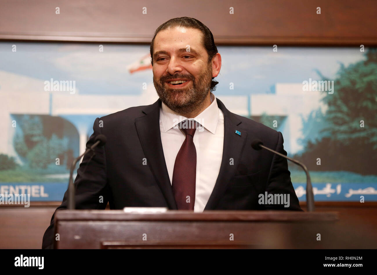 Beirut, Lebanon. 31st Jan, 2019. Lebanese Prime Minister Saad Hariri speaks at a press conference in Beirut, Lebanon, Jan. 31, 2019. Lebanon announced Thursday the formation of a new government, which is headed by Prime Minister Saad Hariri, breaking a nine-month political deadlock in the country, local TV Channel LBCI reported. Credit: Bilal Jawich/Xinhua/Alamy Live News Stock Photo