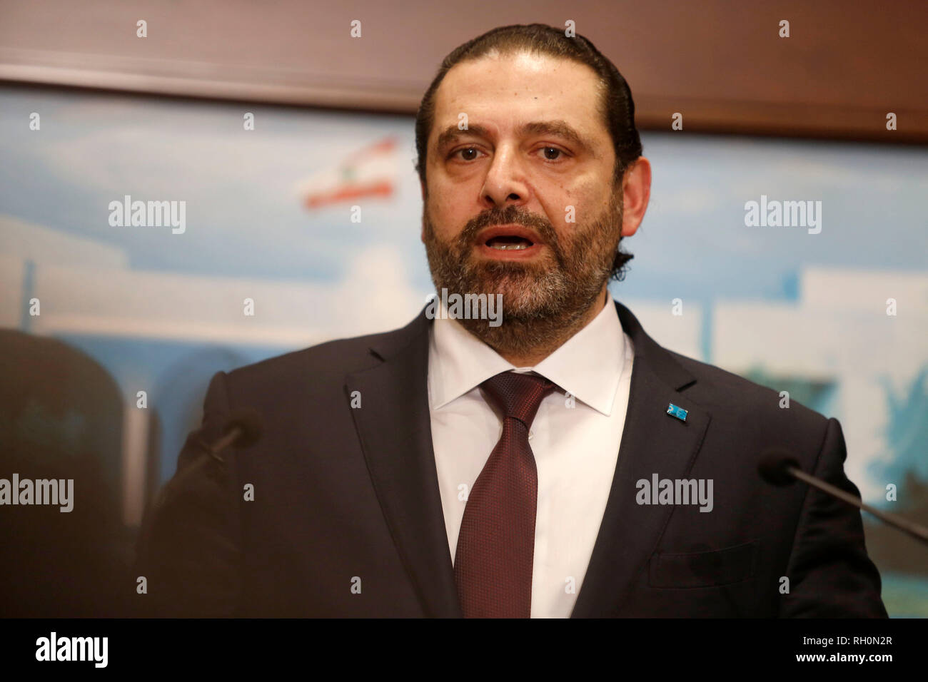 Beirut, Lebanon. 31st Jan, 2019. Lebanese Prime Minister Saad Hariri speaks at a press conference in Beirut, Lebanon, Jan. 31, 2019. Lebanon announced Thursday the formation of a new government, which is headed by Prime Minister Saad Hariri, breaking a nine-month political deadlock in the country, local TV Channel LBCI reported. Credit: Bilal Jawich/Xinhua/Alamy Live News Stock Photo