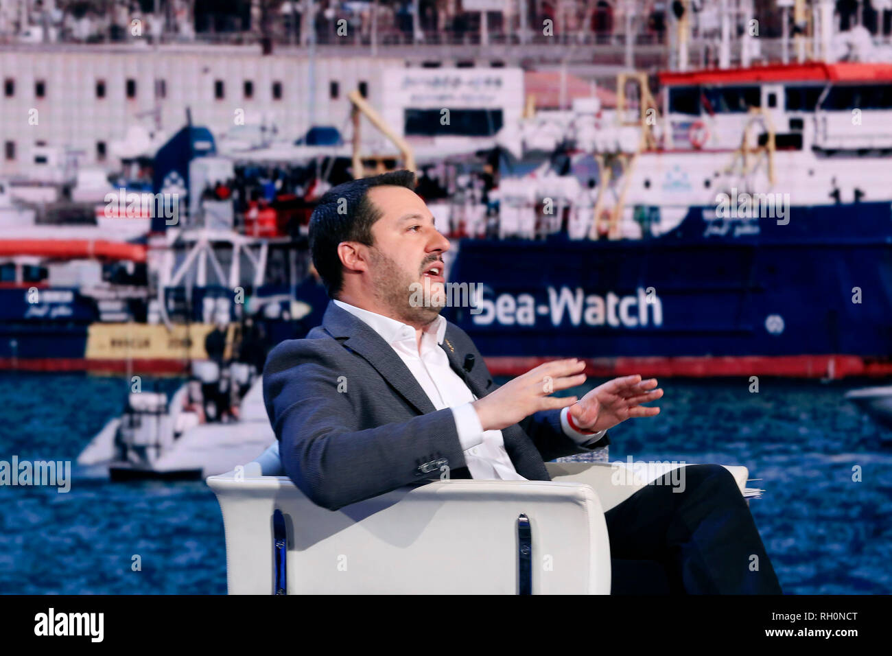 Matteo Salvini and on the screen the ship Sea-Watch Rome January 31st 2019. The Italian Minister of Internal Affairs appears as a guest on the tv show Porta a Porta Foto Samantha Zucchi Insidefoto Stock Photo