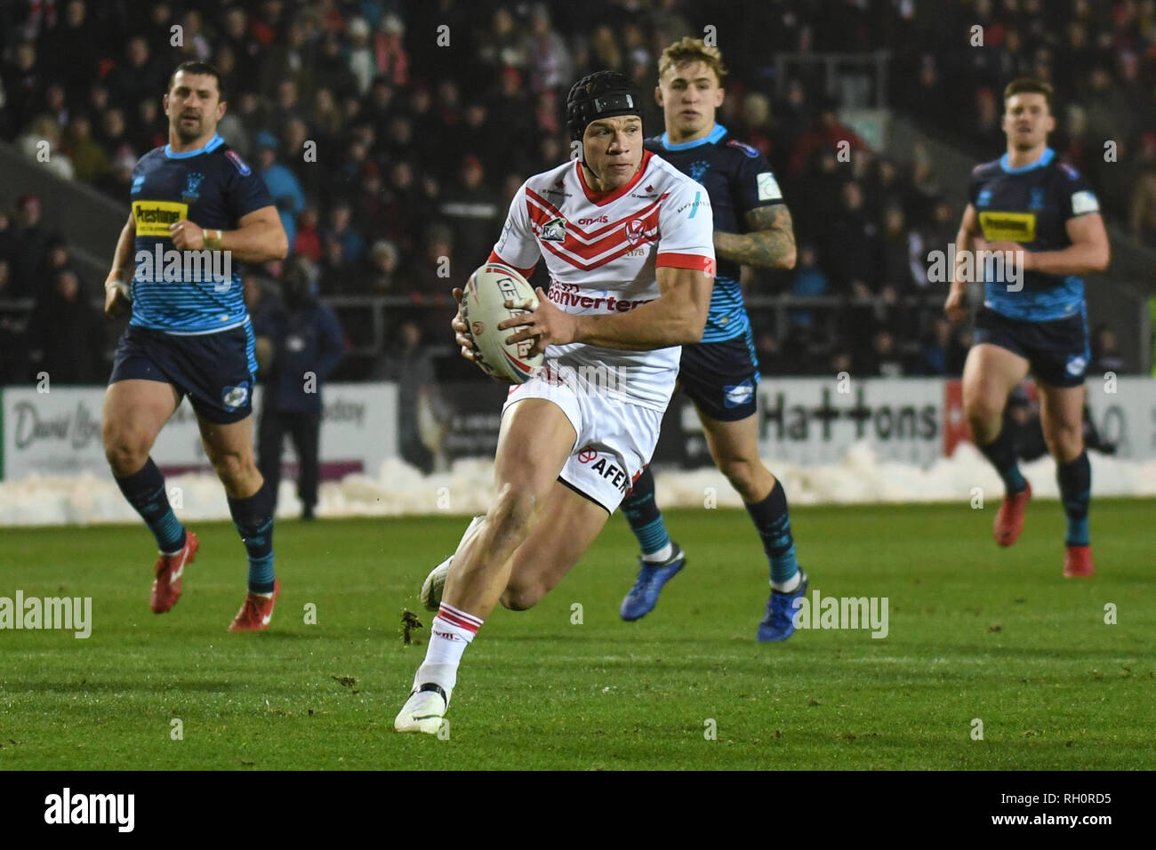 St Helens, UK. 31st January 2019 , Totally Wicked Stadium, St Helens, England;  Betfred Super League, Round 1, St Helens vs Wigan Warriors, Jonny Lomax of St Helens on his way to the try line Credit: News Images /Alamy Live News Stock Photo