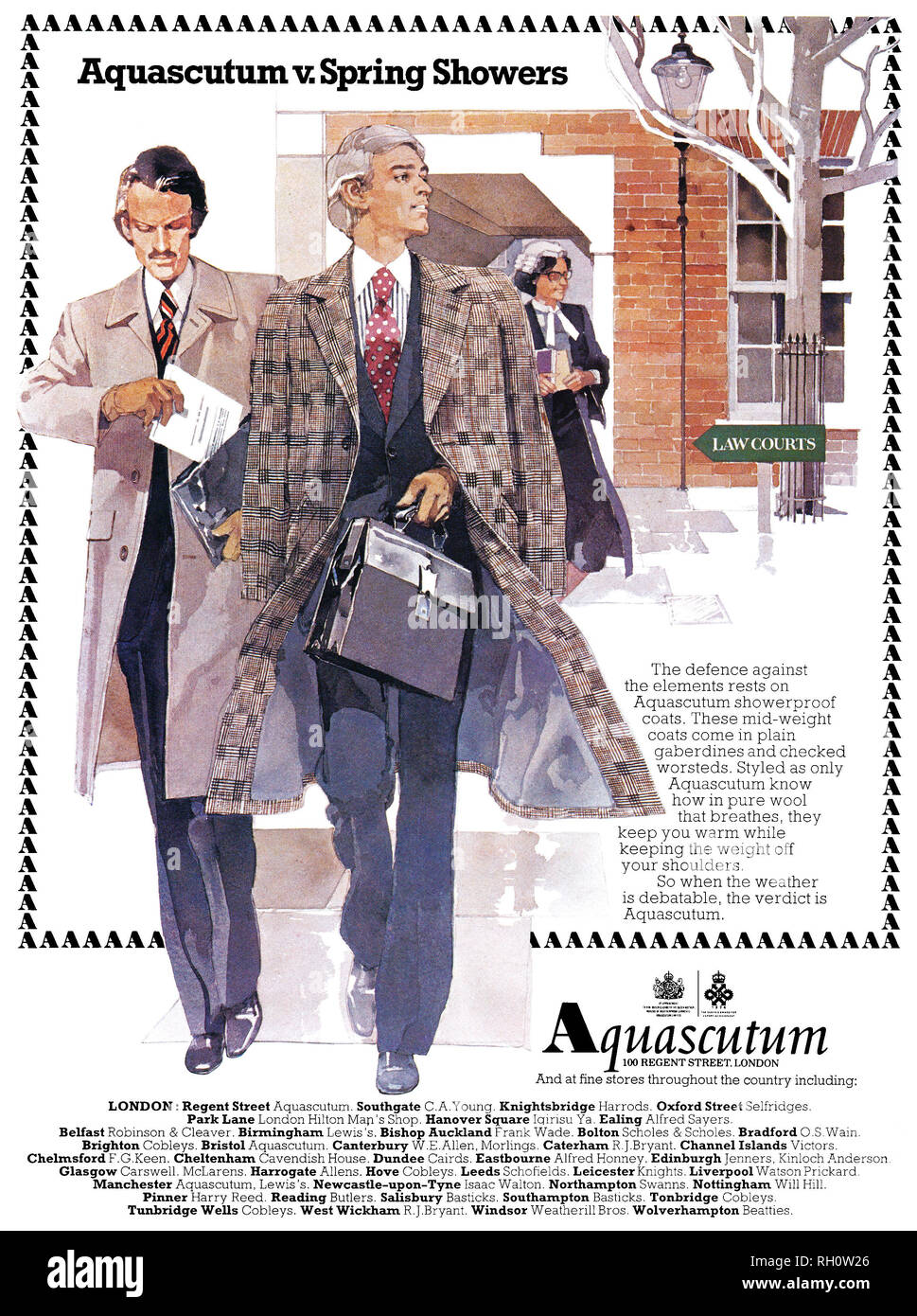 1977 British advertisement for men's Aquascutum showerproof overcoats. Stock Photo