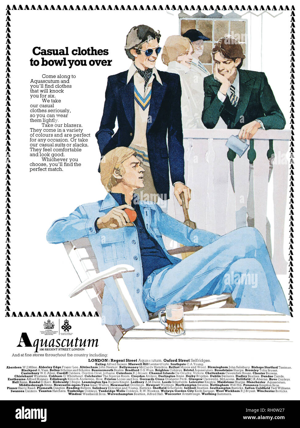 1981 British advertisement for men's Aquascutum casual suits. Stock Photo