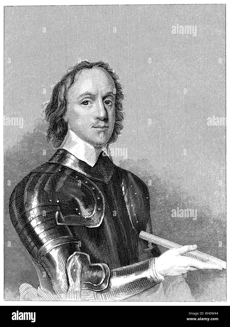 1853 vintage engraving of Oliver Cromwell. Stock Photo