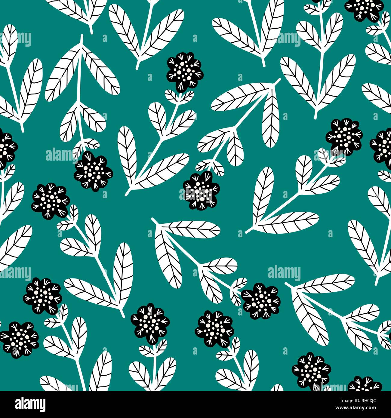 Seamless pattern with cute doodle flowers and leaves, vector ...