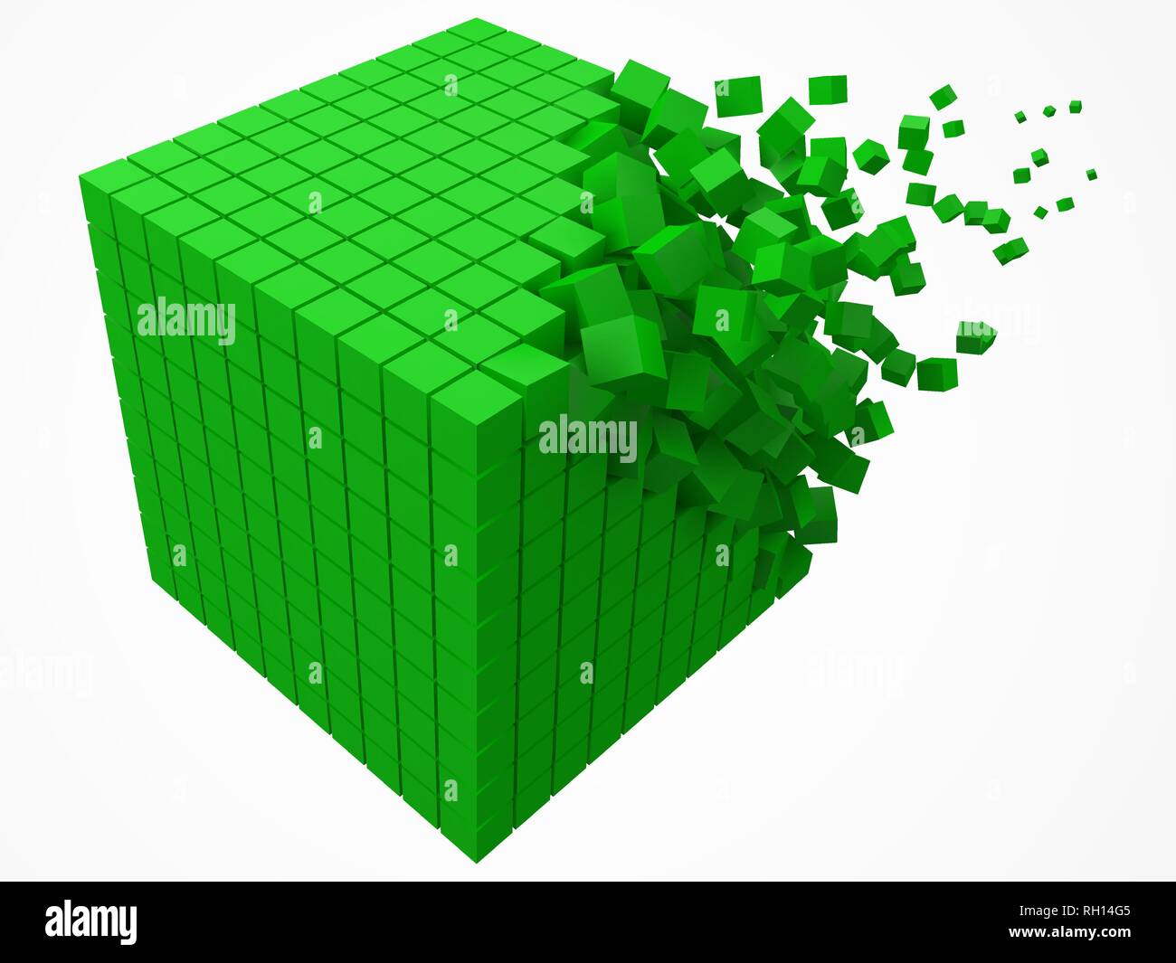 dissolving data block. made with smaller green cubes. 3d pixel style vector illustration. Stock Vector