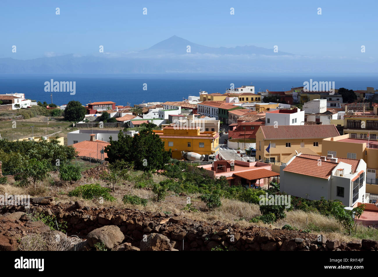 view of the Teide on Teneriffa from the village Agulo, La Gomera, Canary Islands, Spain Stock Photo