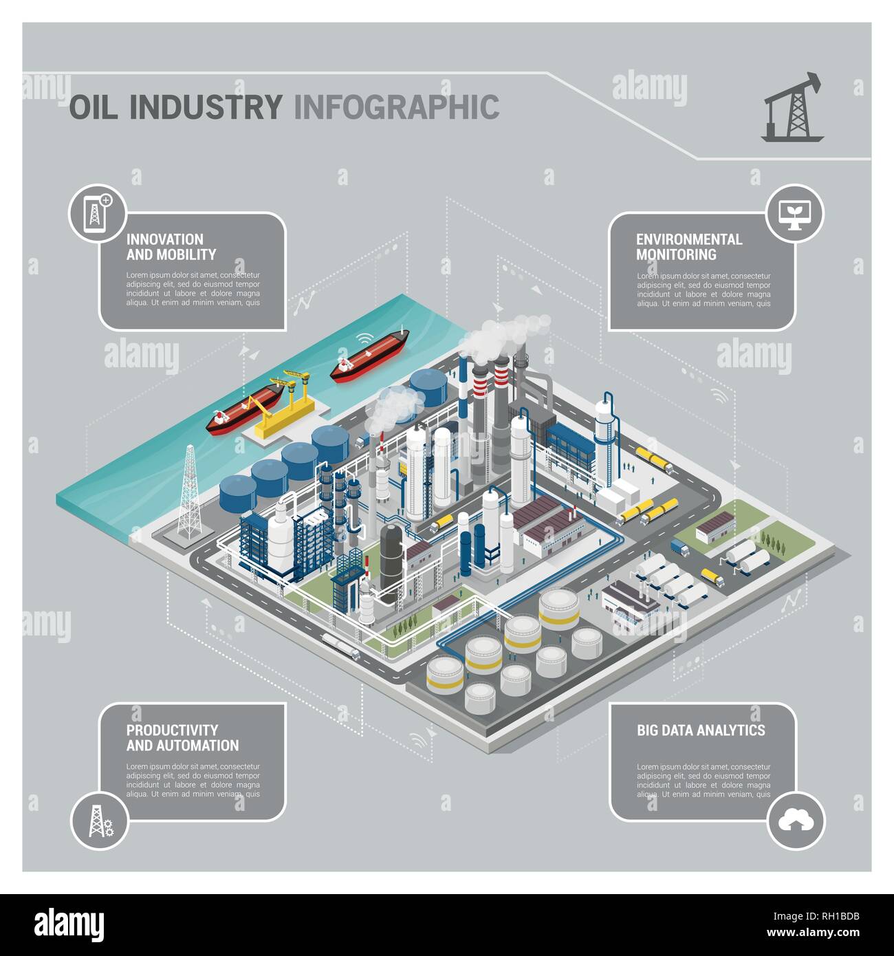 Oil and gas industry and production process infographic: isometric refinery, pipeline and people working Stock Vector