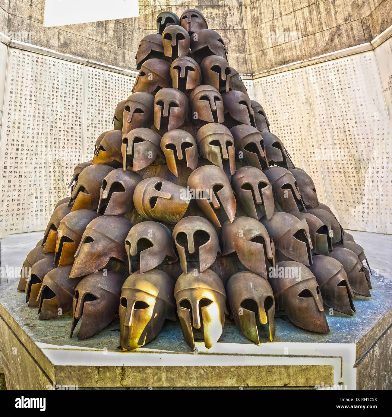 Liege, Belgium - January 19, 2019: Greek monument, Memorial Interallie by Greek artist Nicolaides, a pyramid of stylised antique ancient helmets Stock Photo