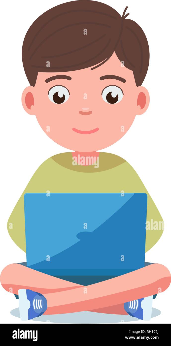 Boy sits and plays on the laptop Stock Vector