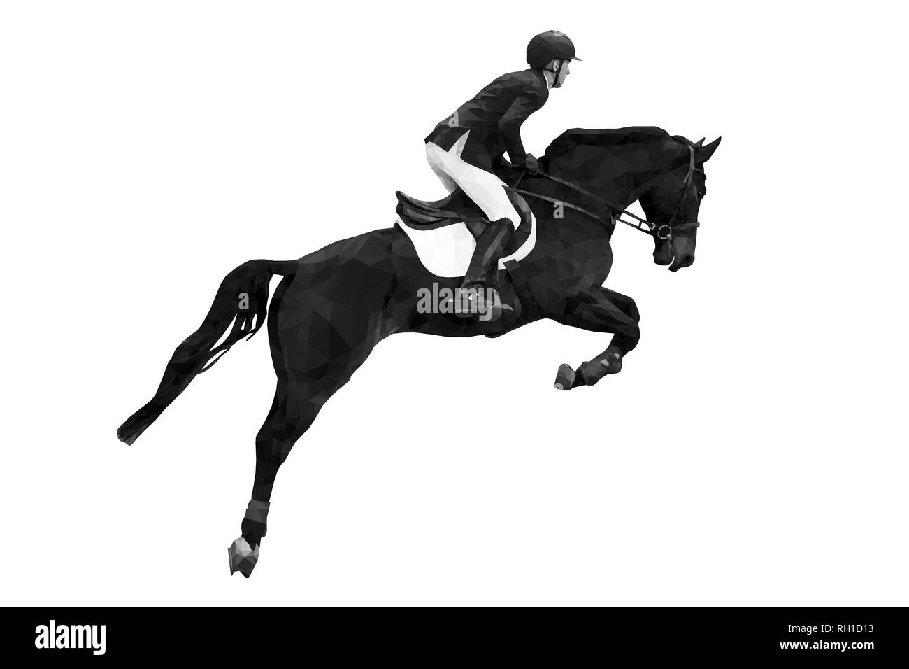equestrian sport rider on horse jumping black-white image Stock Photo