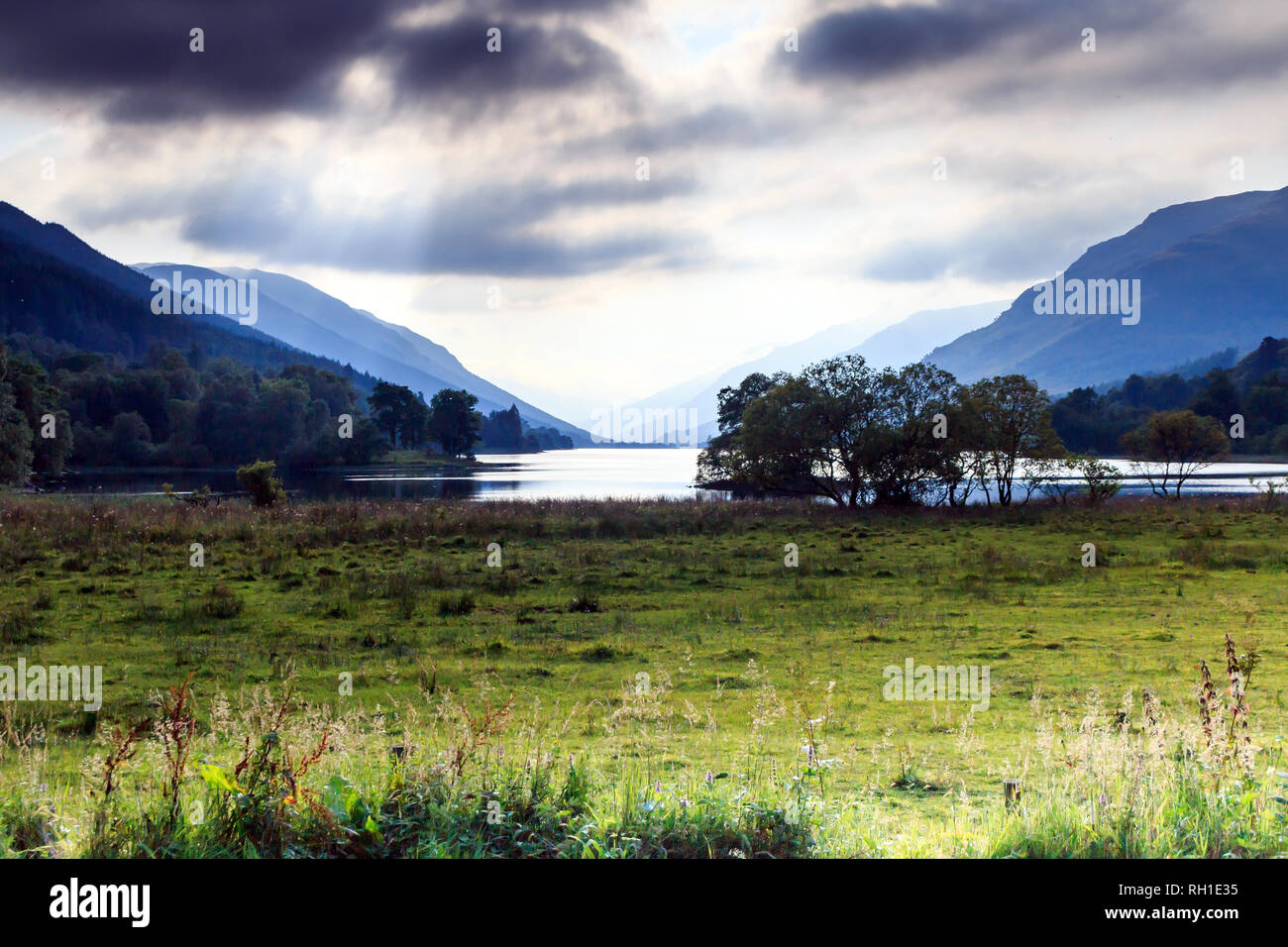 Storm clouds and sunbeams over Loch Earn Scotland Stock Photo