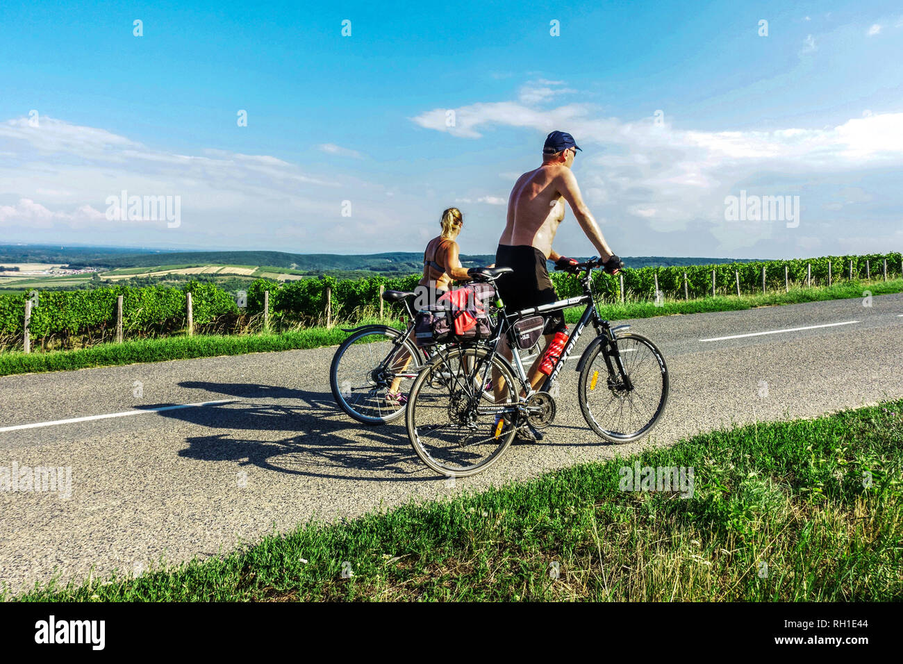 Two bikers pushing bikes on road between vineyards, Moravian wine trail Palava, Mikulov region, South Moravia, Czech Republic Active, People, Cycling Stock Photo