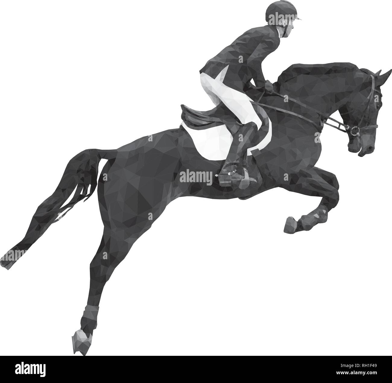 equestrian sport rider on horse jumping black-white image Stock Vector