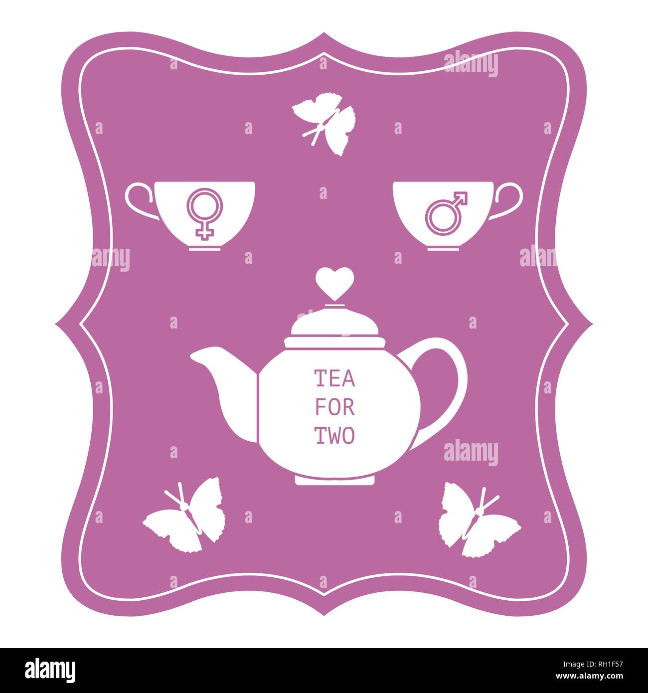 Vector illustration with teapot and two cups of tea with gender signs, butterflies. Tea for two