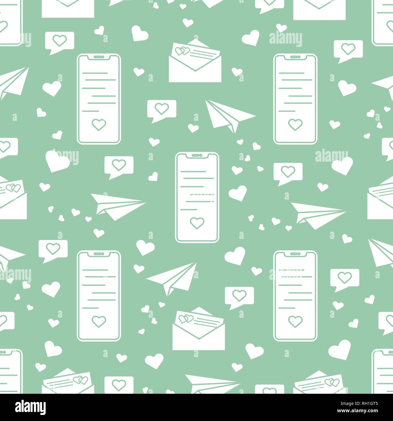 Seamless pattern with paper airplane, envelope, smartphone, sms, hearts ...