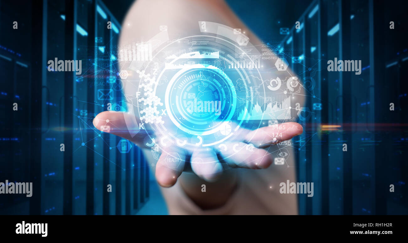 Woman holding hologram projection displaying biometric security concept  Stock Photo