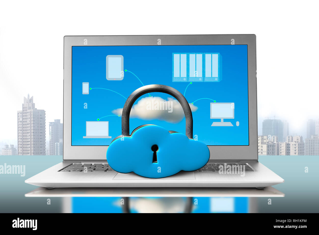 Cloud shape lock on notebook with device drawings in screen Stock Photo ...
