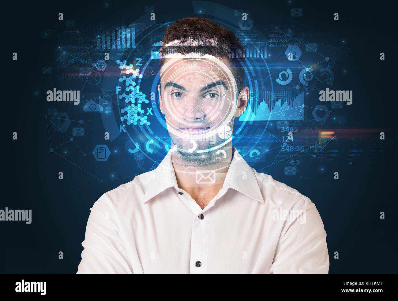Biometric identification and Facial recognition system concept Stock