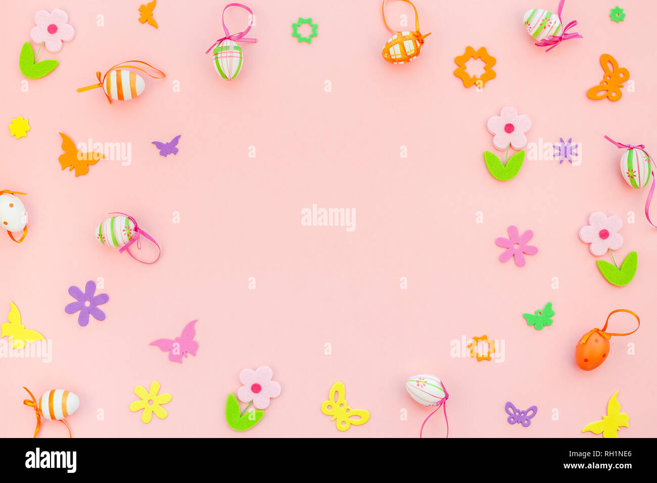 Creative Top view flat lay holiday composition Easter eggs spring ...