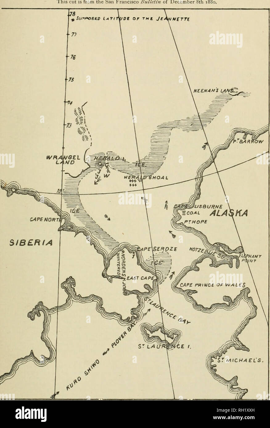 . Bulletin. Science. MAP OF BERING STRAIT ENTRANCE TO THE ARCTIC OCEAN [Showing exploring ground of the Jeannette Expedition.] This cut is from the San Francisco Bulletin of December 8th iS. EXPLANATORY NOTES. Arrows indicate course of known currents. Horizontal shaded Imes show condition of the ice in the summer of 1879, C—Narrow passage east of Herald Island, most northerlj' point reached by Revenue Cutter Thomas Corwi J—Cape Serdze, point where Lieutenant De Long left the letter received via Russian Government. JJ—Near Herald Island, points where the Jeannette was last seen. W—Point where w Stock Photo