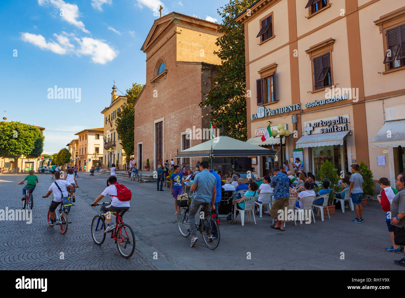 People of Certaldo, a town and commune of Tuscany, Italy, watch the 2014 FIFA World Cup. Stock Photo