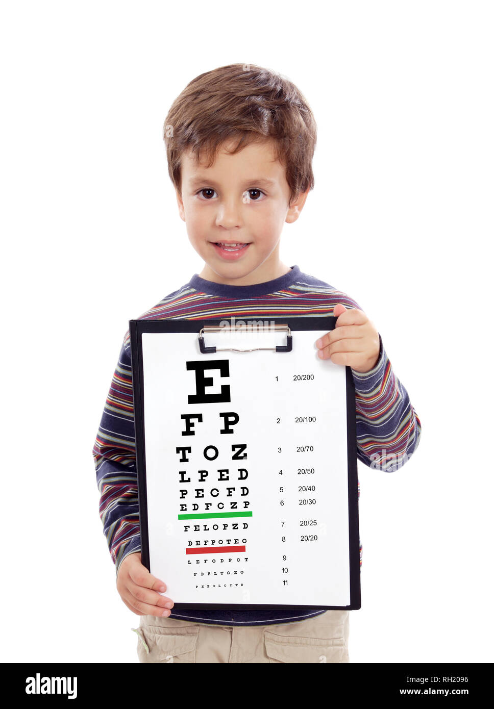 Child with a vision exam chart isolated on a white background Stock