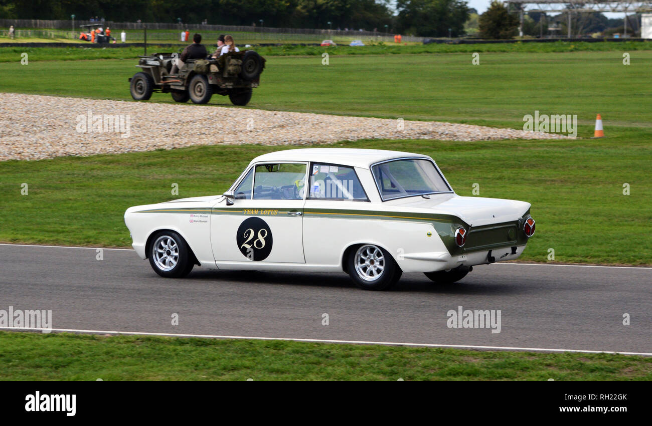 Ford Lotus Cortina on track at Goodwood Revival 7th Sept 2018 Stock Photo