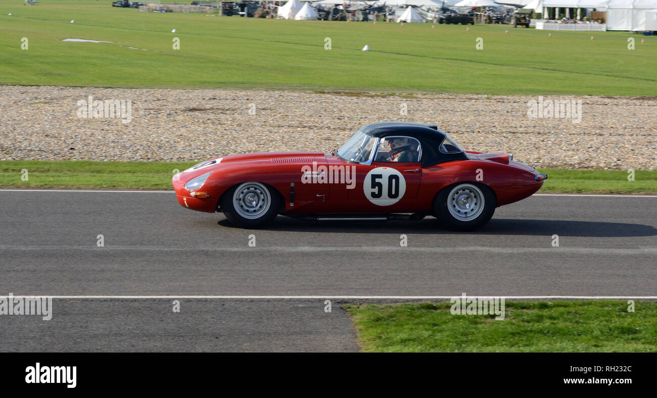 Jaguar E Type on track at Goodwood Revival 7th Sept 2018 Stock Photo