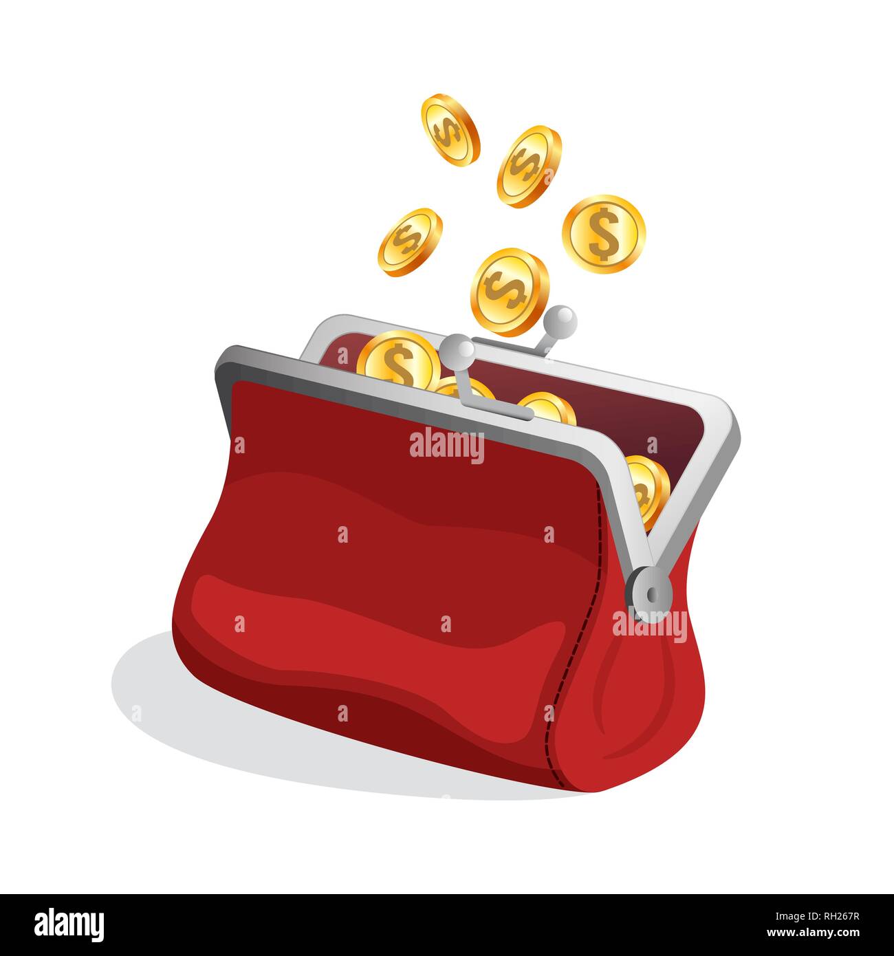 Opened red purse icon with bright gold coins inside Stock Vector