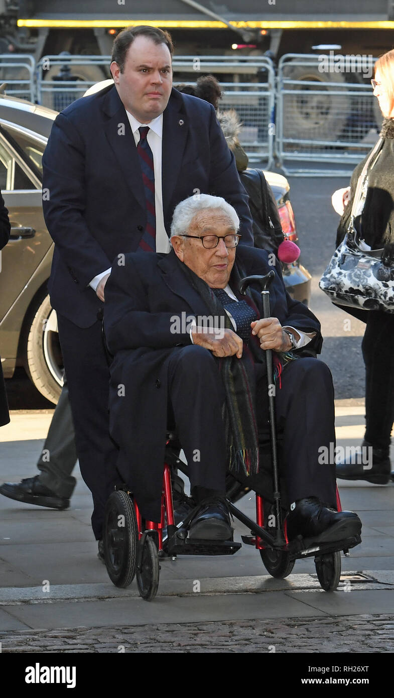 Henry Kissinger, the former United States Secretary of State and National Security Advisor, arrives for a service of thanksgiving for the life and work of former foreign secretary Lord Carrington at Westminster Abbey in London. Stock Photo